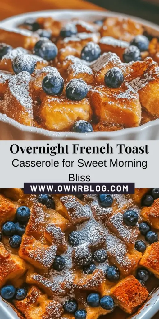 Wake up to a delightful brunch with this Sweet Dreams Overnight French Toast Casserole! Perfect for gatherings, this easy recipe lets you prep the night before so you can enjoy a sweet, custardy dish topped with fresh blueberries and a drizzle of maple syrup. Using rich brioche or challah, each slice is bursting with flavor and texture. Make your mornings special with a dish that’s sure to impress! #FrenchToast #Casserole #BrunchIdeas #OvernightRecipe #SweetTreats #BreakfastGoals