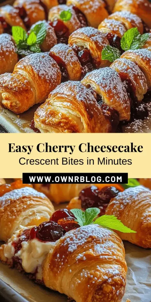 Discover the easy and delicious way to enjoy cherry cheesecake with these Cherry Cheesecake Crescent Bites! This bite-sized treat combines flaky crescent roll dough with a creamy cheesecake filling and tart cherries, perfect for any occasion. Quick to make and full of flavor, they are sure to impress at your next gathering. Check out the full recipe and tips for perfecting these delightful desserts! #CherryCheesecake #CrescentBites #EasyDesserts #BakingLove #SweetTreats