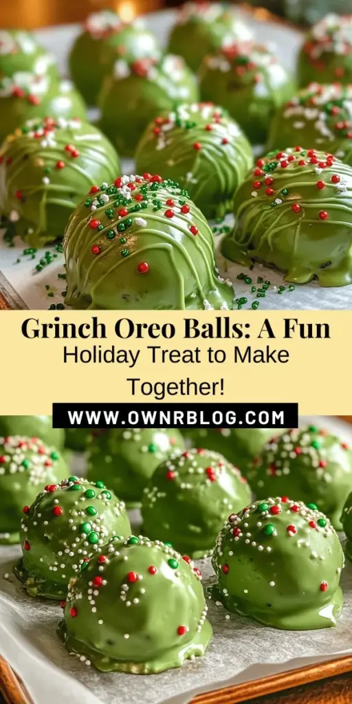 Celebrate the holiday spirit with these fun and festive Grinch Oreo Balls! This no-bake treat captures the whimsical charm of Dr. Seuss's beloved character, making them perfect for gatherings or as sweet gifts. With simple ingredients like Oreo cookies, cream cheese, and vibrant green candy melts, you'll create delightful confections that are as beautiful as they are delicious. Gather your family and spread holiday cheer with these easy-to-make treats! #GrinchOreoBalls #HolidayBaking #FestiveTreats #NoBakeDesserts #FamilyFun #ChristmasRecipes #SweetTreats