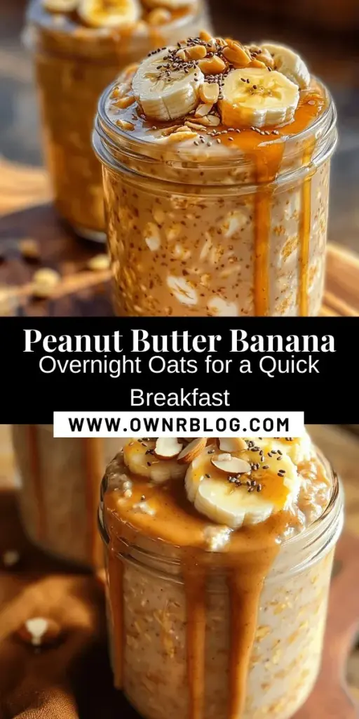 Start your day right with delicious Peanut Butter Banana Overnight Oats! This easy recipe combines rolled oats, creamy peanut butter, fresh bananas, and your choice of milk to create a nutritious breakfast that’s ready when you are. Packed with fiber, protein, and essential nutrients, it's perfect for busy mornings. Customize with your favorite toppings for a satisfying meal. Try it today! #OvernightOats #HealthyBreakfast #PeanutButterBanana #MealPrep #HealthyEating #BreakfastIdeas