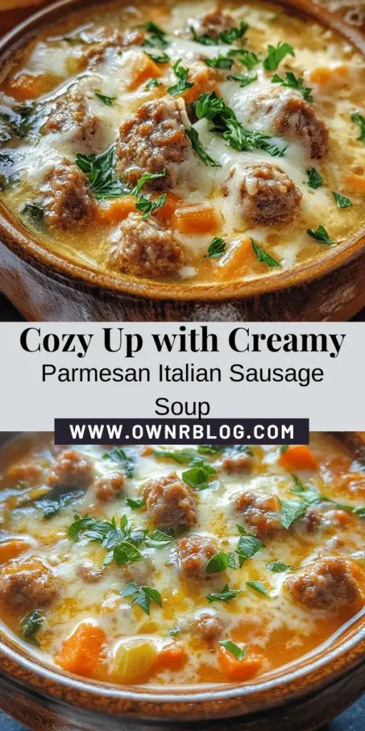 Warm up those chilly days with a bowl of Creamy Parmesan Italian Sausage Soup! This comforting dish combines savory Italian sausage, fresh vegetables, and a rich, creamy base that will satisfy your taste buds. With the added goodness of leafy greens, it’s not just delicious but nutritious too. Perfect for family dinners or cozy nights. Give this hearty recipe a try today! #SoupSeason #ComfortFood #ItalianRecipes #HealthyEating #HomemadeSoup #CookingAtHome