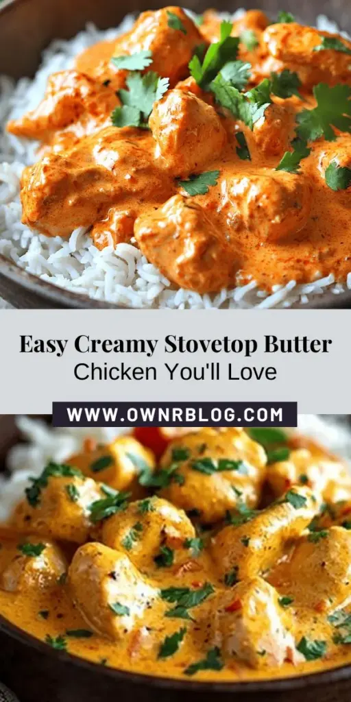 Discover the rich, creamy goodness of stovetop Butter Chicken, also known as Murgh Makhani. This easy recipe brings together succulent chicken and a velvety tomato sauce, balancing spices and cream for an unforgettable dining experience. Perfect with basmati rice or naan, this dish is a comforting favorite that’s quick to prepare. Explore its origins, key ingredients, and tips to make it your own! #ButterChicken #MurghMakhani #IndianCuisine #ComfortFood #QuickRecipes #HomeCooking