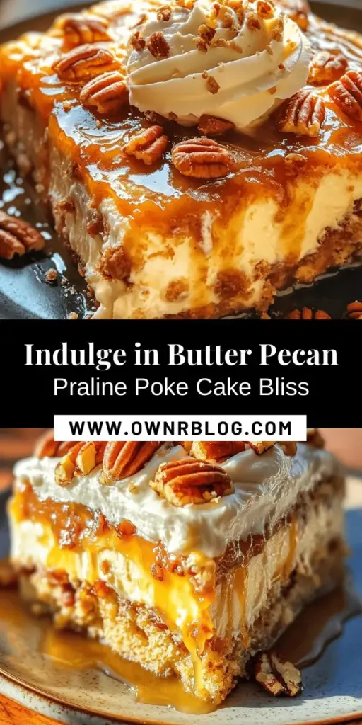 Indulge in the rich flavors of Butter Pecan Praline Poke Cake! This moist dessert is infused with a decadent praline sauce and topped with a creamy frosting, making it perfect for any gathering. Impress your guests with this simple yet delightful poke cake that brings together buttery, nutty notes in every bite. Enjoy the ease of preparation and the joy of deliciousness! #PokeCake #DessertRecipe #ButterPecan #BakingJoy #SweetTreats