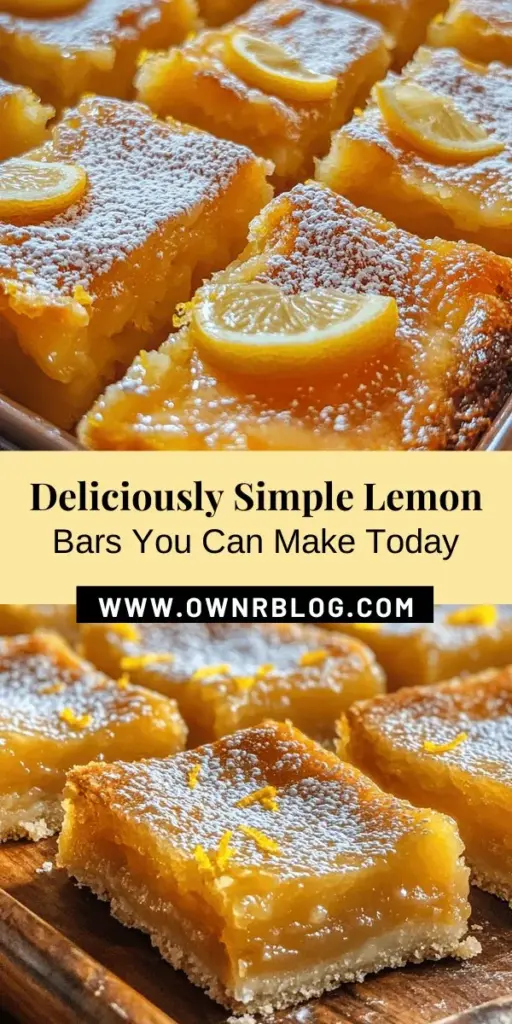 Indulge in the refreshing taste of Super Easy Lemon Bars! Perfectly balancing sweet and tart flavors, these delightful treats are a hit for any occasion. Easy to make, they feature a buttery shortbread crust topped with creamy lemon filling. Whether you're a baking novice or an expert, this recipe will guide you every step of the way. Serve them chilled for a refreshing dessert that everyone will love! #LemonBars #Dessert #Baking #EasyRecipes #CitrusTreats