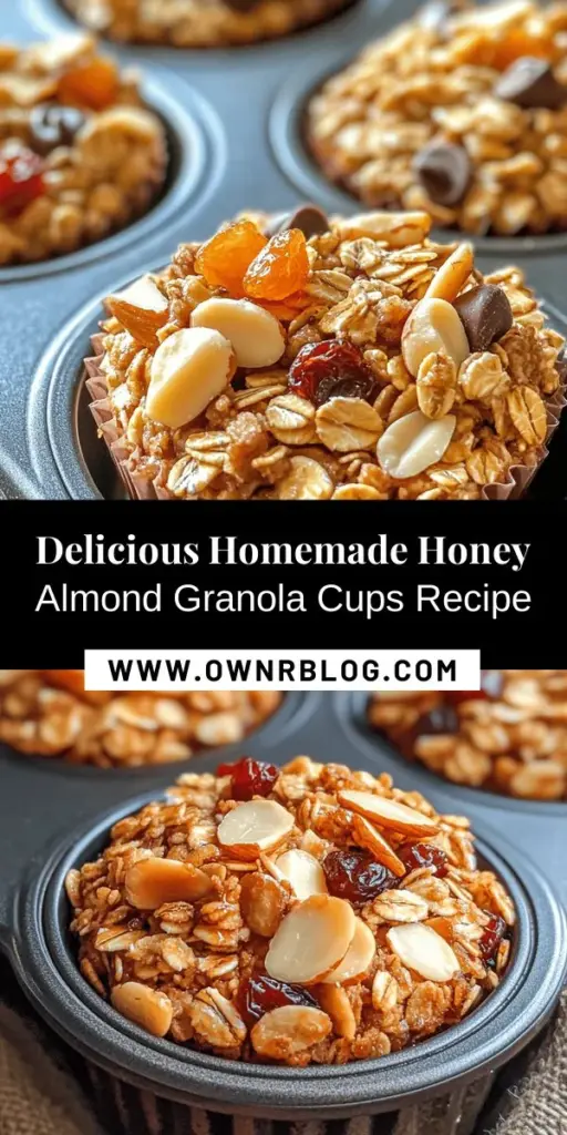 Discover the delightful world of Honey Almond Granola Cups, the perfect homemade snack for health enthusiasts! These easy-to-make treats combine rolled oats, sliced almonds, and honey for a nutritious balance of fiber and healthy fats. Ideal for breakfast, an on-the-go snack, or a guilt-free dessert, they can be customized with your favorite ingredients. Enjoy a tasty, wholesome treat that fulfills cravings without preservatives. #GranolaCups #HealthySnacks #HomemadeGoodness #NutritiousBites #SnackIdeas #GranolaRecipes #HealthyEating