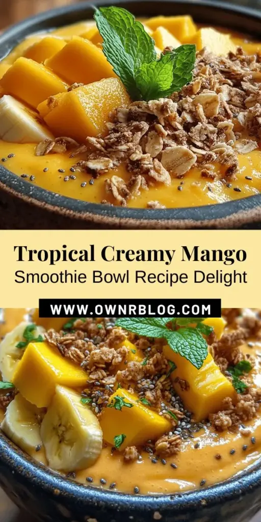 Dive into a tropical paradise with this creamy mango smoothie bowl, the perfect blend of ripe mangoes and bananas, and a rich yogurt base. Packed with essential nutrients, it’s an ideal option for breakfast or a refreshing snack. Customize it with your favorite toppings like granola, fresh fruits, and chia seeds for added crunch and nutrition. Get ready to impress your taste buds with this vibrant and nutritious treat! #SmoothieBowl #HealthyEating #MangoDelight #BreakfastIdeas #NutritiousSnacks #TropicalFlavor