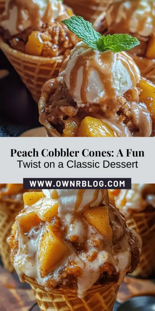 Transform your summer gatherings with these delightful Peach Cobbler Stuffed Cones! Enjoy the classic flavors of peach cobbler in a fun, handheld treat. Each crispy cone is filled with juicy, spiced peaches, topped with a crumbly cobbler topping, and finished with creamy vanilla ice cream. Perfect for BBQs and family celebrations, this unique dessert is sure to impress. Get ready to elevate your dessert game! #PeachCobbler #DessertIdeas #SummerTreats #BakingFun #FoodieDelight