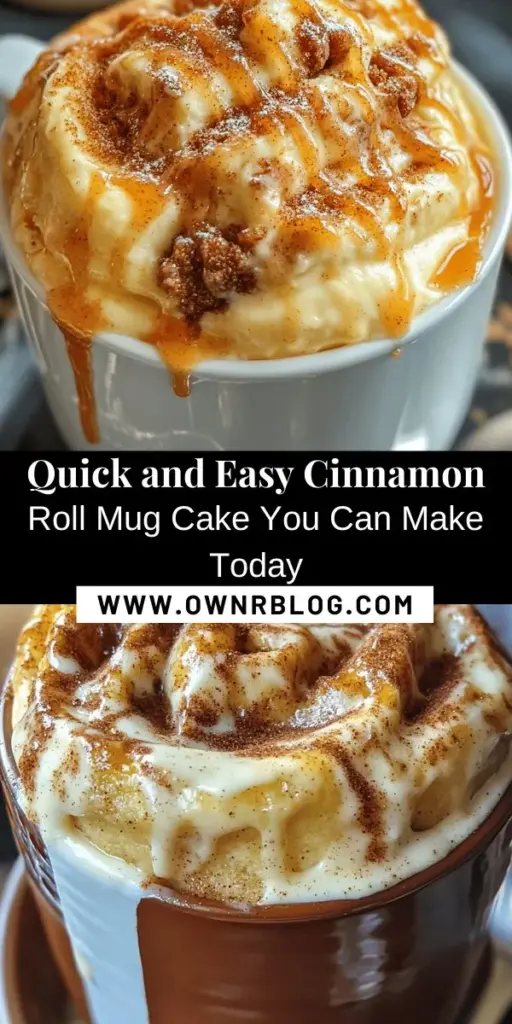 Satisfy your sweet cravings in a flash with this Instant Cinnamon Roll Mug Cake! Perfect for busy days, this single-serving dessert combines the warm flavors of cinnamon rolls with the convenience of microwave cooking. With easy-to-follow steps and minimal ingredients, enjoy a warm, gooey treat in just minutes. Customize it with frosting or toppings to make it your own. Treat yourself today! #MugCake #CinnamonRoll #QuickDessert #BakingFun #SweetTreats