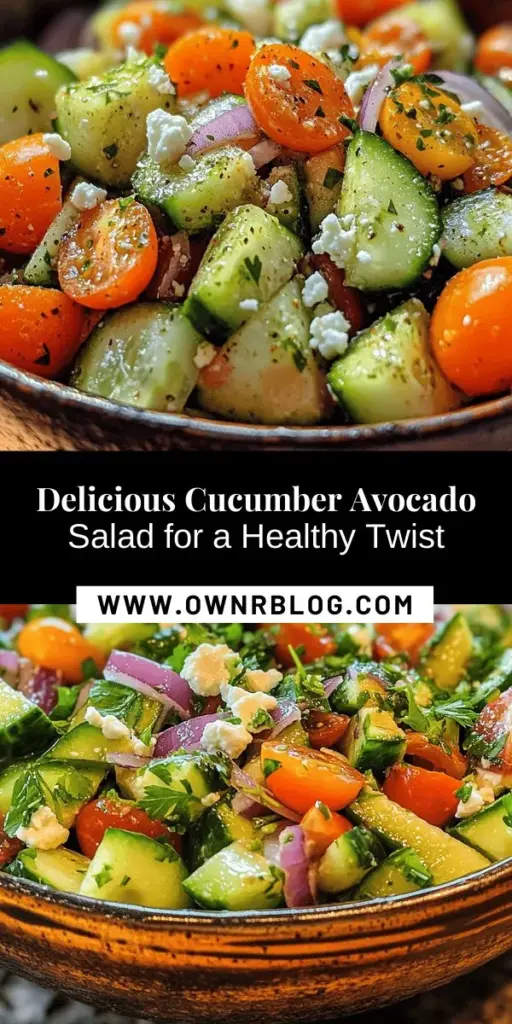 Discover the perfect balance of freshness and nutrition with this Refreshing Cucumber Avocado Salad! Bursting with vibrant cucumbers, creamy avocados, sweet cherry tomatoes, and zesty herbs, this salad is an ideal choice for any meal. Quick to prepare, it's perfect for lunch, a light side, or a crowd-pleaser at gatherings. Enjoy the delightful mix of flavors while nourishing your body! #CucumberSalad #AvocadoSalad #HealthyEating #FreshSalad #EasyRecipes #CleanEating #MealPrep