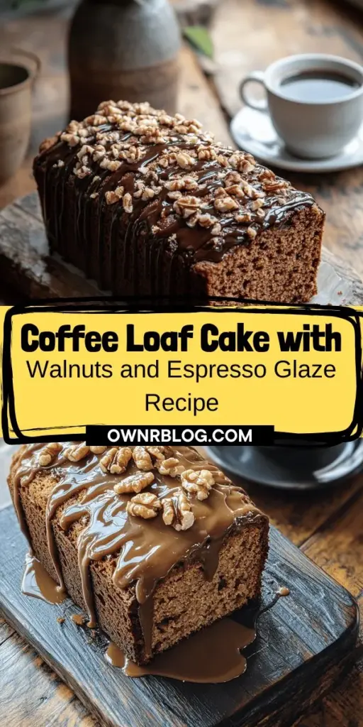 Discover the ultimate indulgence with this Coffee Loaf Cake featuring crunchy walnuts and a rich espresso glaze. Perfect for lazy weekends or a cozy afternoon treat, this moist cake harmonizes robust coffee flavors and nutty goodness in every bite. It's simple to make and sure to impress at any gathering. Treat yourself or share this delightful recipe with loved ones. Baking has never been this delicious! #CoffeeLoafCake #Baking #Dessert #Walnuts #EspressoGlaze #HomemadeTreats #CoffeeLovers #ComfortFood