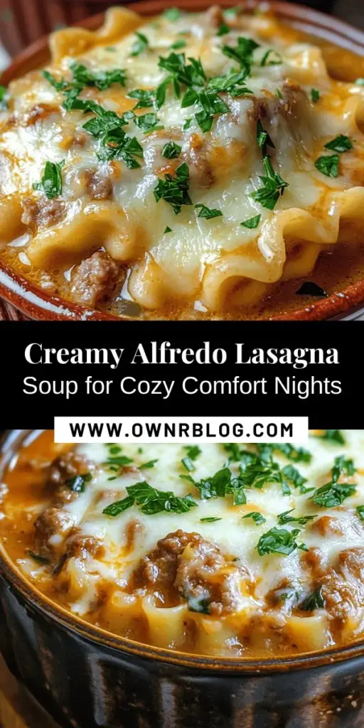 Warm up your chilly nights with this Creamy Alfredo Lasagna Soup—a comforting twist on the beloved classic! This hearty dish combines rich flavors, creamy textures, and pasta, making it perfect for family gatherings or cozy evenings at home. With ingredients like Italian sausage, spinach, and a creamy Alfredo base, every spoonful is a delightful escape. Discover how to whip up this crowd-pleaser! #AlfredoLasagnaSoup #ComfortFood #FallRecipes #EasyDinner #Soups #CookingAtHome