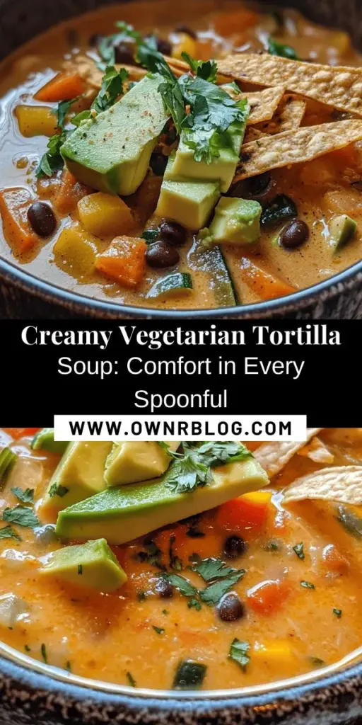 Warm up with a bowl of Creamy Vegetarian Tortilla Soup! This vibrant dish combines fresh vegetables, hearty beans, and aromatic spices in a rich, creamy broth that's perfect for any occasion. Great for both vegetarians and meat-lovers, this soup not only delights your taste buds but also offers numerous health benefits. Try customizing it with seasonal veggies and delicious toppings! #VegetarianSoup #ComfortFood #HealthyEating #PlantBased #TortillaSoup #SoupRecipes #CookingAtHome #VegetarianRecipes