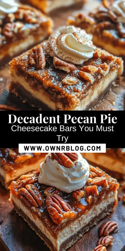 Indulge in the delightful blend of flavors with pecan pie cheesecake bars! This recipe combines creamy cheesecake and sweet pecan pie for a dessert that's perfect for any occasion. A buttery graham cracker crust holds a luscious cheesecake layer topped with gooey pecans, creating a stunning treat that will wow your guests. Ideal for gatherings or a sweet treat at home, these bars are a treat for the taste buds! Try it out today! #PecanPie #CheesecakeBars #Desserts #Baking #SweetTreats #PartyFood #HolidayDesserts