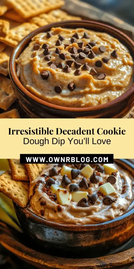 Satisfy your sweet cravings with this delicious Decadent Cookie Dough Dip! Enjoy all the classic cookie dough flavors without the risk of raw eggs or untreated flour. This creamy dip is perfect for parties, movie nights, or family gatherings and pairs well with fresh fruits, pretzels, or graham crackers. Customizable with mix-ins like nuts or sprinkles, it's a fun treat for everyone! Try it today! #CookieDoughDip #DessertDips #SweetTreats #PartyFood #EasyRecipes #NostalgicDesserts