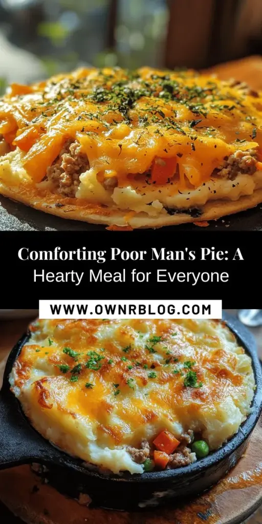 Discover the heartwarming essence of Poor Man's Pie, also known as Hillbilly Pie! This comforting casserole is perfect for budget-friendly meals, utilizing pantry staples like mashed potatoes, ground meat, and veggies for a delicious, nostalgic dish. It's easy to make and adaptable to your family's tastes. Join countless families who cherish this classic recipe at their dinner tables. #PoorMansPie #HillbillyPie #ComfortFood #FamilyMeals #BudgetFriendlyCooking #HomeCooking #NostalgicRecipes