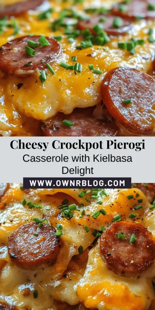 Indulge in the nostalgic flavors of our Deliciously Cheesy Crockpot Pierogi Casserole with Kielbasa. This hearty dish combines frozen pierogies, savory kielbasa, tangy sauerkraut, and creamy cheddar, all slow-cooked to perfection. Perfect for weeknight dinners or gatherings, this casserole is simple to prepare and bursting with comforting, rich flavors. Bring your family together around this warm and satisfying dish! #PierogiCasserole #ComfortFood #SlowCookerRecipes #Kielbasa #CheesyGoodness