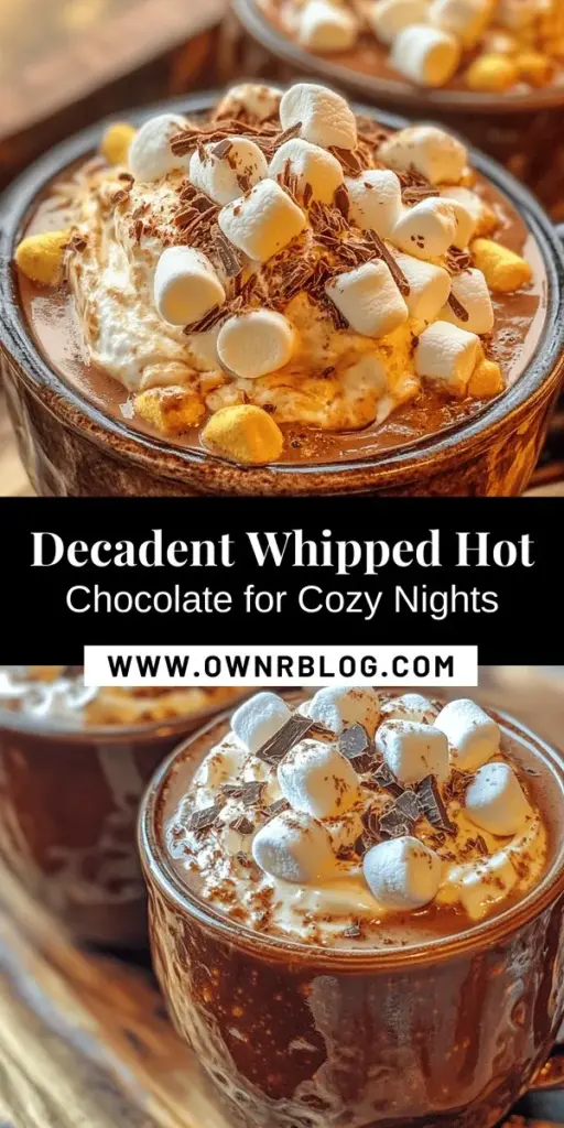 Indulge in the ultimate winter treat with whipped hot chocolate! This luxurious twist on a classic combines rich cocoa with fluffy whipped cream for a delightfully creamy experience. Perfect for cozy nights or festive gatherings, you can easily customize it with your favorite milk and sweeteners. Top it off with marshmallows or a drizzle of caramel for extra flair. Treat yourself and elevate your hot chocolate game! #WhippedHotChocolate #WinterDrinks #ChocolateLovers #CozyNights #HotChocolateDelight