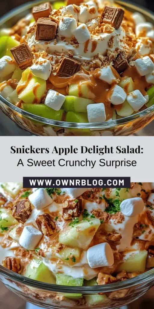 Discover the deliciously fun Snickers Apple Delight Salad, a sweet and crunchy treat that's perfect for any gathering! This easy-to-make dessert salad combines creamy whipped topping, tart apples, and rich Snickers bars for a delightful flavor experience. It's a crowd-pleaser that adds excitement to summer barbecues, holiday feasts, and casual get-togethers. Try it today and watch everyone come back for seconds! #SnickersSalad #DessertSalad #AppleDelight #SweetTreats #Gatherings #EasyRecipes