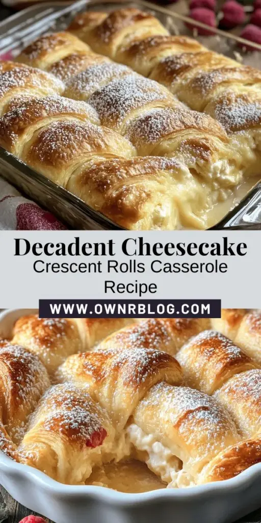 Satisfy your sweet cravings with this easy and delicious Cheesecake Crescent Rolls Casserole! This dessert combines the flaky texture of crescent rolls with a rich, creamy cheesecake filling, perfect for any occasion. It’s a simple recipe that even novice bakers can master, making it a go-to for family gatherings or potlucks. Impress your guests with this decadent treat that’s sure to leave them wanting more! #CheesecakeCasserole #DessertRecipes #EasyBaking #SweetTreats #CrescentRollRecipes #GatheringRecipes