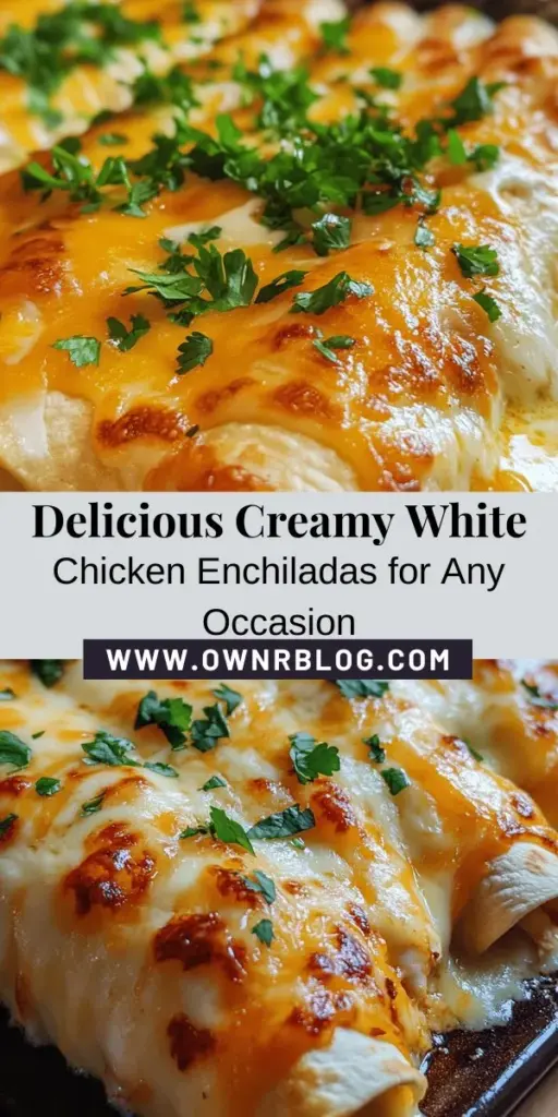 Discover the ultimate comfort food with this creamy white chicken enchiladas recipe! Perfect for family dinners, potlucks, or cozy nights in, these enchiladas feature tender chicken wrapped in soft tortillas, smothered in a rich, cheesy sauce. Easy to make and enjoyable for cooks of all levels, this dish is bound to impress. Ready to delight your taste buds? Try out this delicious recipe today! #CreamyEnchiladas #ComfortFood #DinnerIdeas #ChickenRecipes #YummyFood