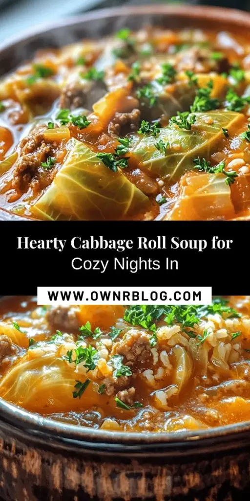 Warm up your winter days with this Comforting Cabbage Roll Soup! This hearty recipe packs all the flavors of traditional cabbage rolls into a simple, nourishing soup suitable for any season. Whether you choose beef, turkey, or a veggie option, everyone will love this satisfying dish. With health benefits from cabbage and a rich blend of spices, it's the perfect comfort food to share with family and friends. #CabbageRollSoup #ComfortFood #HealthyEating #SoupSeason #RecipeIdeas #HomeCooking