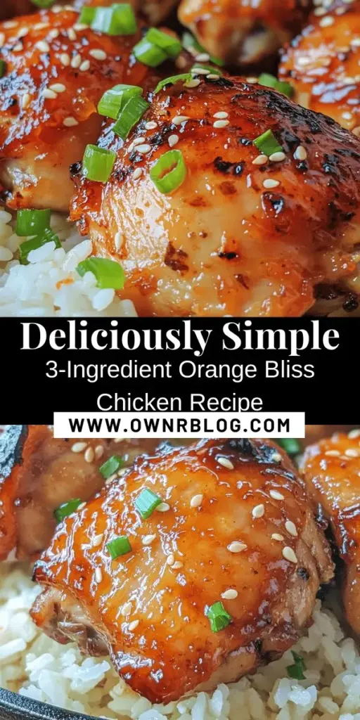 Discover the delightful simplicity of 3-Ingredient Orange Bliss Chicken! In just a few easy steps, you can whip up a meal that’s both quick and flavorful, making it perfect for busy weeknights. With juicy chicken thighs glazed in a sweet and tangy orange marmalade and soy sauce combo, this dish is sure to impress. Perfect for families or entertaining guests, it proves that minimalism in cooking doesn’t mean sacrificing taste! #EasyRecipes #QuickDinner #ChickenRecipes #MinimalistCooking #FamilyMeals