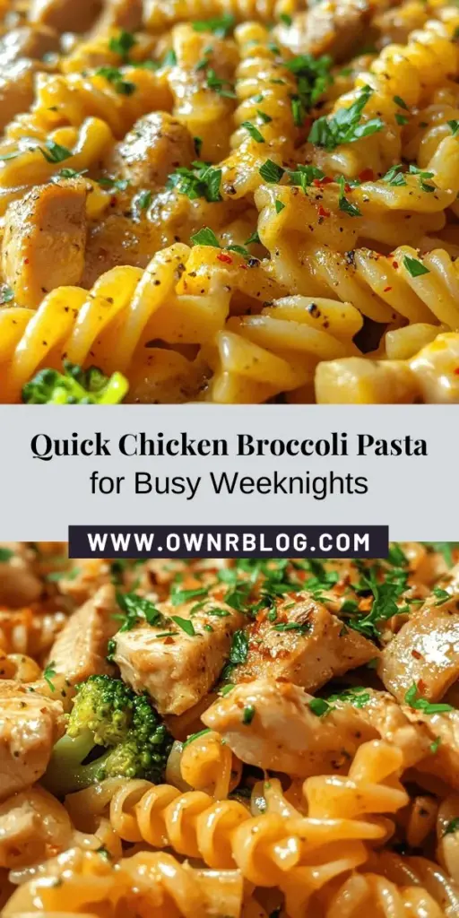 Looking for a quick weeknight dinner that's both delicious and nutritious? Try this Quick and Easy Chicken Broccoli Pasta! With tender chicken, vibrant broccoli, and creamy sauce, it's a satisfying meal the whole family will love. Perfect for busy nights, this recipe combines simple ingredients and easy steps for a flavorful dish. Add your choice of pasta and seasoning, and you’re all set for a comforting feast. #ChickenBroccoliPasta #EasyRecipes #HealthyDinner #ComfortFood