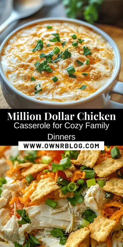 Discover the ultimate comfort food with this Million Dollar Chicken Casserole! Perfect for busy weeknights or family gatherings, this dish combines creamy chicken, crunchy topping, and endless flavor. Easy to prepare ahead of time, it’s sure to impress your loved ones. Whether served for a potluck or a cozy dinner, its rich taste will make it a new family favorite. Try this recipe today and enjoy delicious moments together! #ChickenCasserole #ComfortFood #FamilyRecipes #EasyDinner #MealPrep