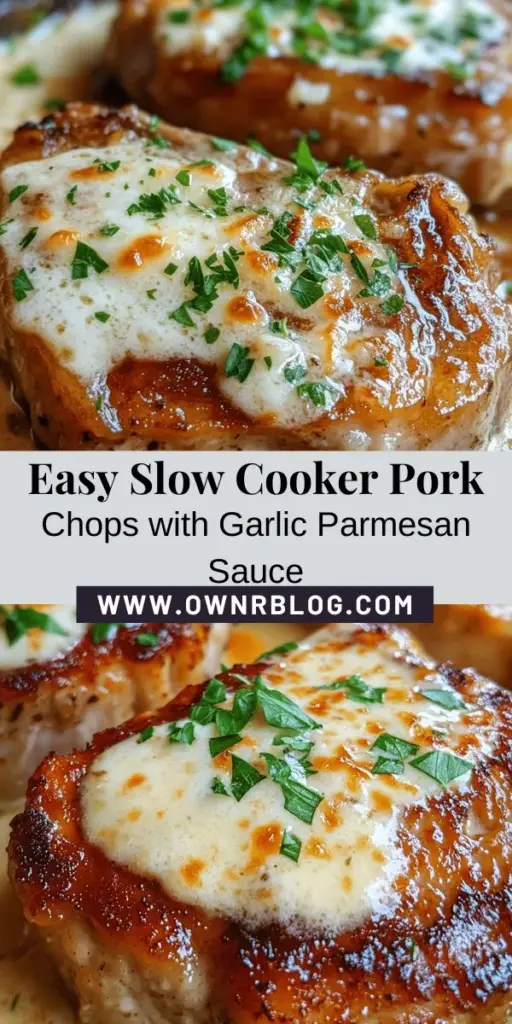 Indulge in comfort food with these Slow Cooker Pork Chops smothered in a creamy Garlic Parmesan Sauce. This easy recipe transforms succulent pork into a gourmet meal, perfect for weeknights or special occasions. Tender chops and a rich sauce make for a delightful dining experience. Serve alongside mashed potatoes or roasted veggies for a complete meal. Ready to impress? Try this delicious dish tonight! #SlowCooker #PorkChops #ComfortFood #EasyRecipes #FamilyDinner #GarlicParmesan