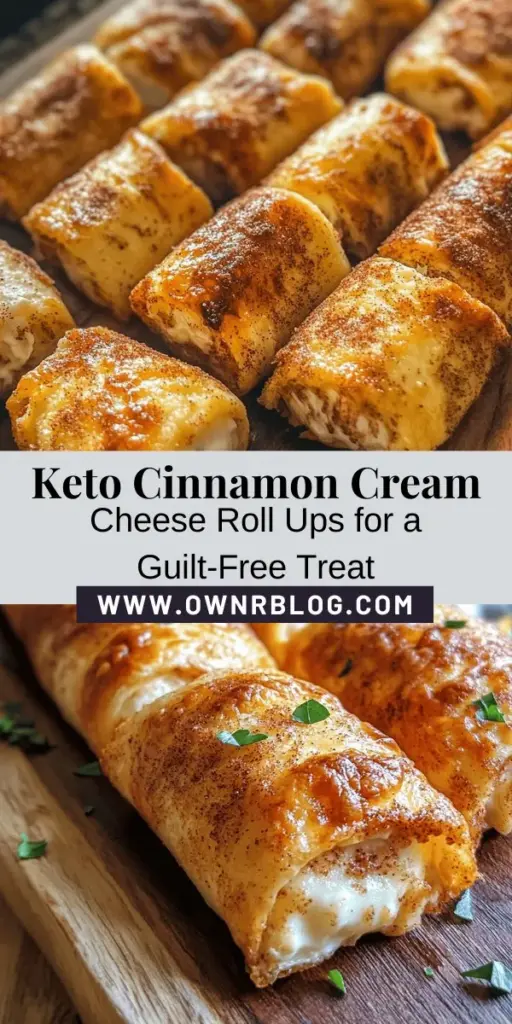 Indulge in the delicious world of low-carb treats with Crispy Keto Cinnamon Cream Cheese Roll Ups! These delightful roll-ups blend creamy filling with cinnamon goodness, perfectly aligning with your keto lifestyle. Enjoy the satisfying crunch while remaining guilt-free. Whether for a snack or dessert, they're a must-try! Share the joy of this tasty treat with family and friends. #KetoDiet #LowCarb #KetoRecipes #CinnamonRolls #HealthyTreats #KetoSnacks #SugarFree