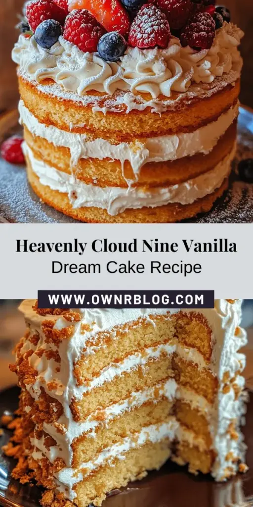 Indulge in a slice of heaven with the Cloud Nine Vanilla Dream Cake! This light and fluffy dessert is perfect for any celebration, showcasing rich vanilla flavor and beautiful layers adorned with fresh berries. Easy to make, it’s a delightful centerpiece for birthdays, family gatherings, and more. Don’t just bake—create memories! Try this recipe and make your next occasion unforgettable. #VanillaDreamCake #DessertRecipe #Baking #CakeDecorating #SweetTreat