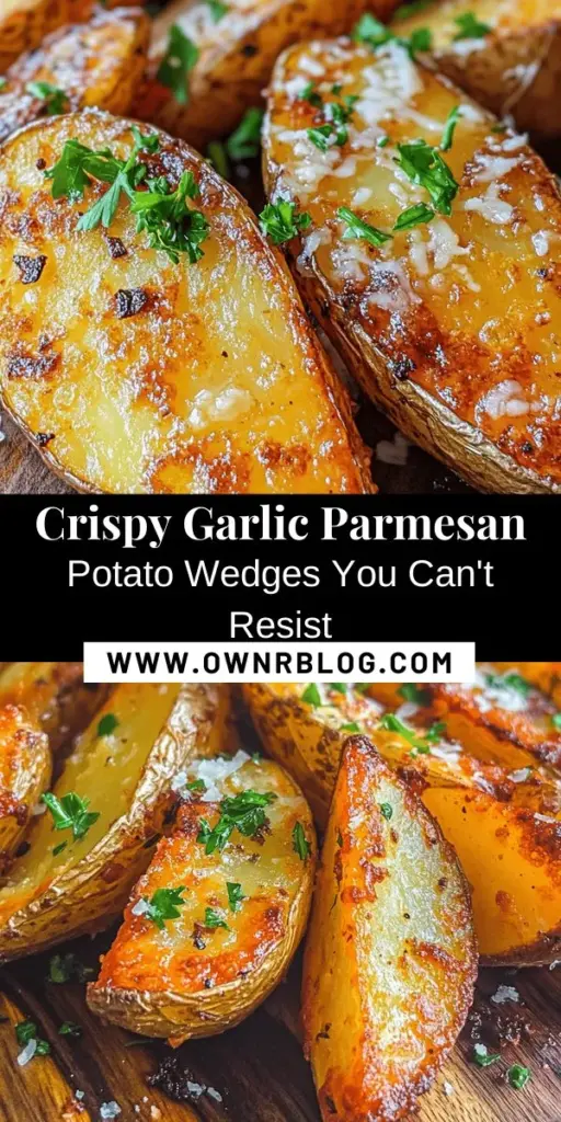 Looking for a delicious comfort food that's easy to make? Try these crispy baked garlic Parmesan potato wedges! Perfect as a side dish, appetizer, or snack, they're flavored with roasted garlic, nutty Parmesan, and a blend of spices for an irresistible taste. Enjoy them baked for a healthier twist on a classic treat. Discover how simple it is to make these golden delights and elevate your meals with this recipe! #PotatoWedges #GarlicParmesan #ComfortFood #HealthySnacks #EasyRecipes #BakedNotFried