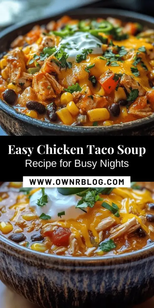 Discover the deliciousness of Easy Chicken Taco Soup, a comforting dish that brings the flavors of Mexican cuisine to your table. Perfect for busy nights or gatherings, this recipe features shredded chicken, beans, and spices in a hearty one-pot meal. Customize it to suit your taste and enjoy the nutritional benefits of wholesome ingredients. Ideal for any occasion, this soup will quickly become a family favorite! #ChickenTacoSoup #EasyRecipes #ComfortFood #HealthyEating #OnePotMeals