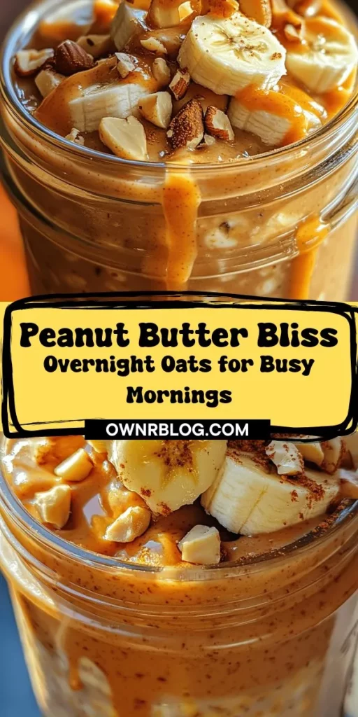 Start your mornings off right with Peanut Butter Bliss Overnight Oats! This deliciously creamy and nutritious breakfast can be prepped the night before, making your busy mornings a breeze. Packed with rolled oats, peanut butter, almond milk, and optional chia seeds, it’s customizable to suit all dietary preferences. Add your favorite toppings for a unique twist every day. Enjoy a balanced, energy-boosting breakfast that's both convenient and satisfying! #OvernightOats #HealthyBreakfast #PeanutButter #MealPrep #NutritiousRecipes #QuickBreakfast #Foodie #VeganFriendly #GlutenFree